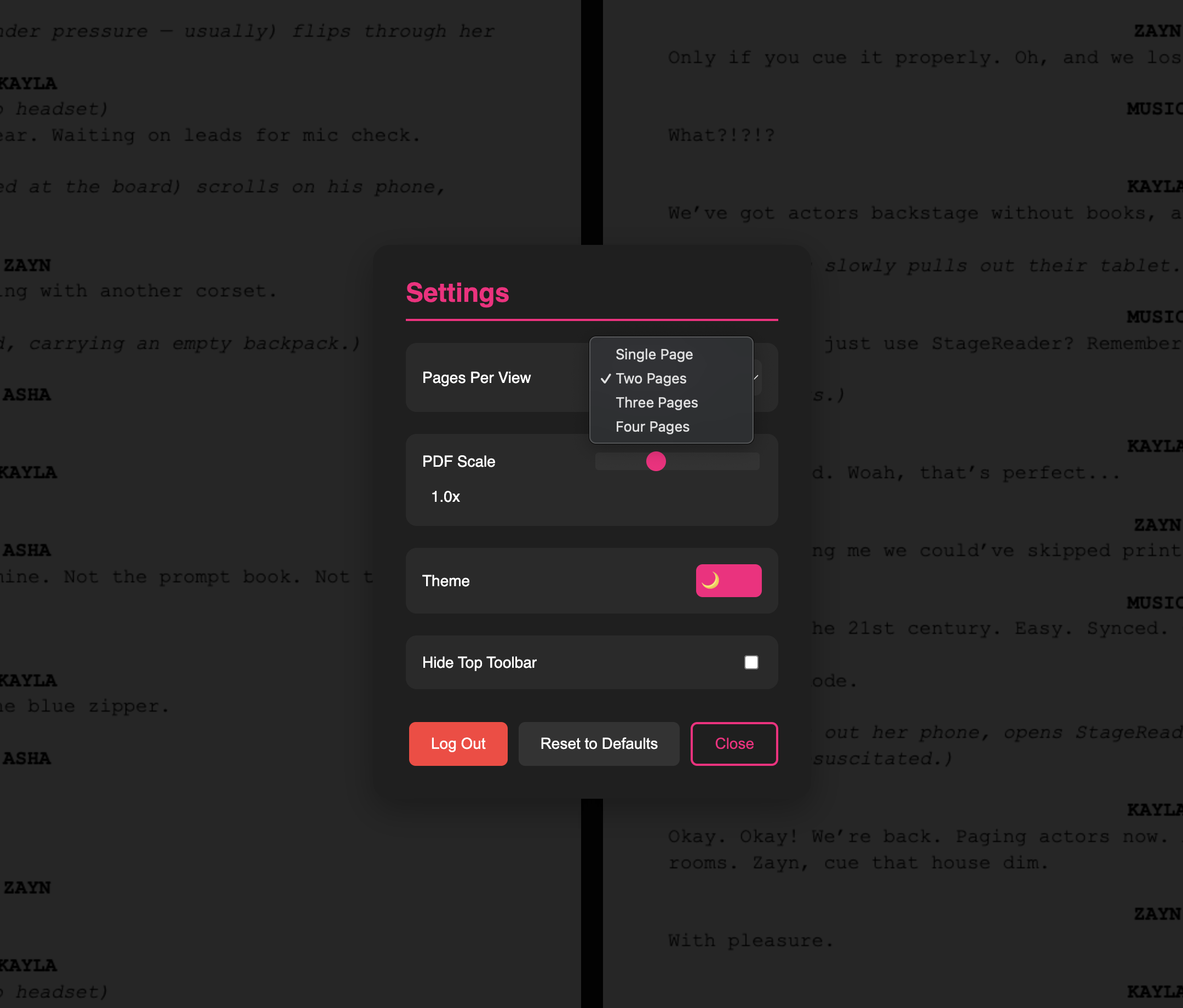 StageReader Settings and Customization